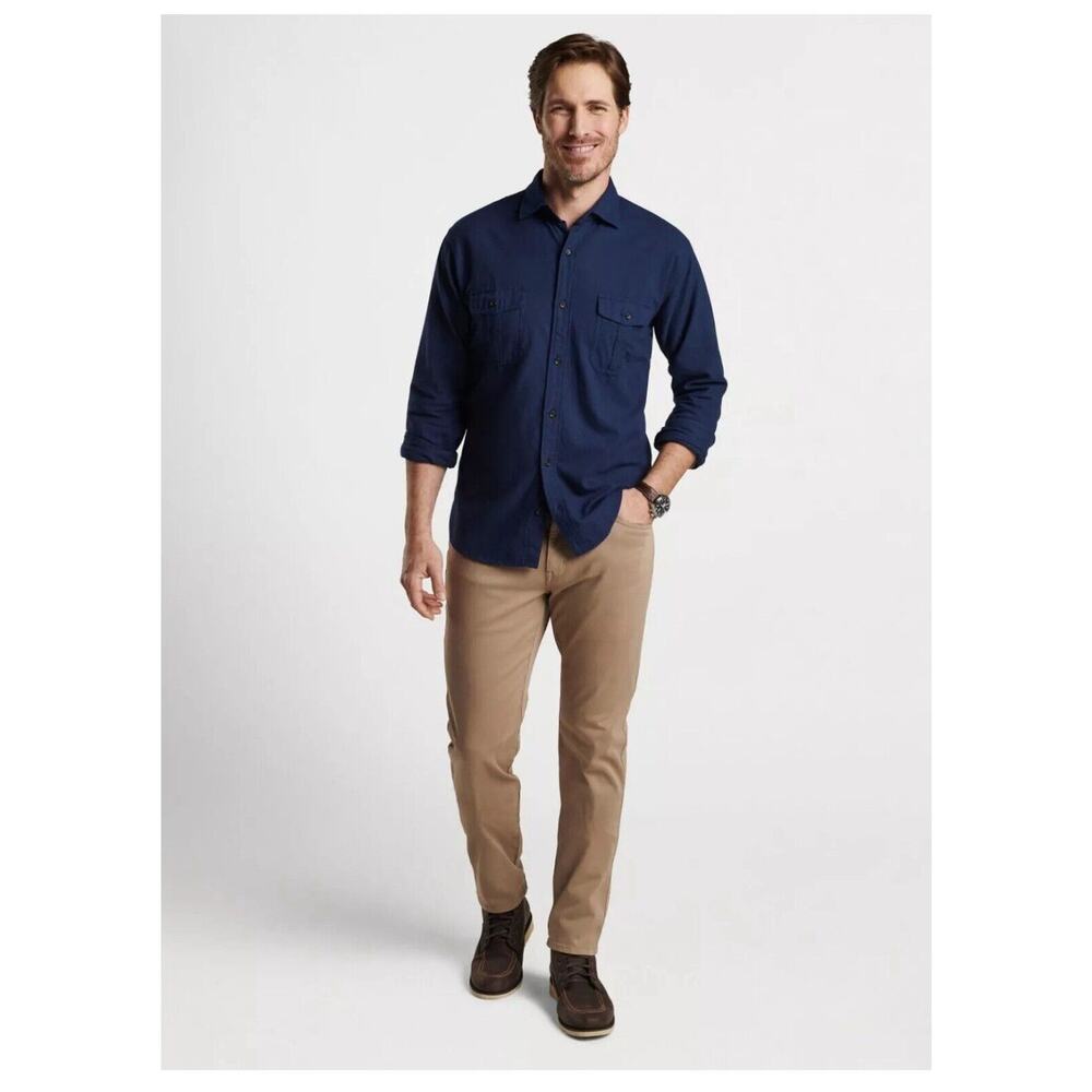 Peter Millar Fallside Cotton Double Pocket Sport Shirt Long Sleeve Navy Blue Med